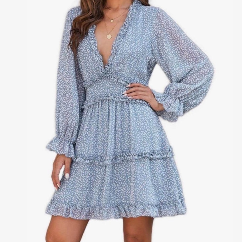Elegant Women's Deep V Neck Backless Ruffles Long Sleeve Midi Dress